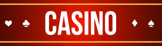 Hvit casino-logo med rød bakgrunn og og små sorte symboler